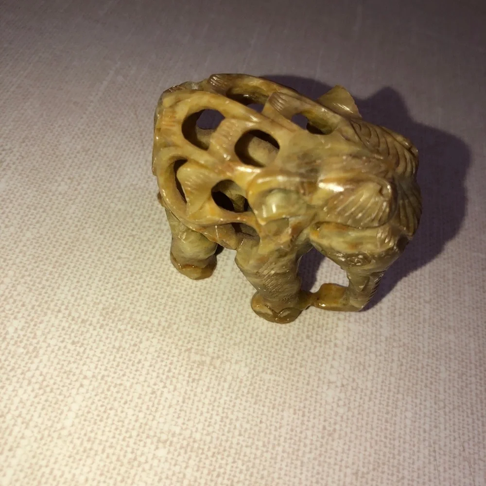 Carved Soapstone Elephant Calf Elephant Inside Detailed Scroll‎ Work Vines